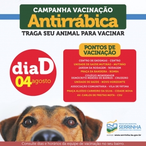 Dia &ldquo;D&rdquo; de vacina&ccedil;&atilde;o antirr&aacute;bica nesse s&aacute;bado em Serrinha